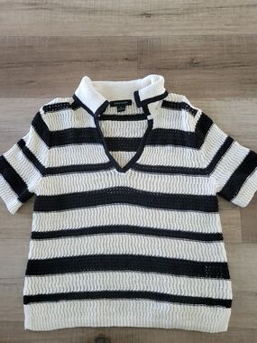 Sanctuary Black & White Striped Knit Polo Sweater